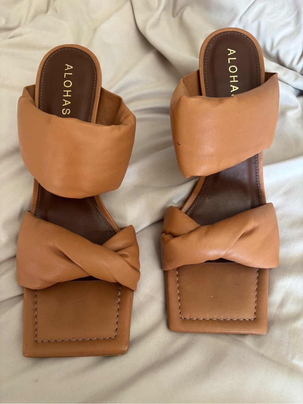 ALOHAS Cognac Twisted Leather Double-Strap Slide Sandals